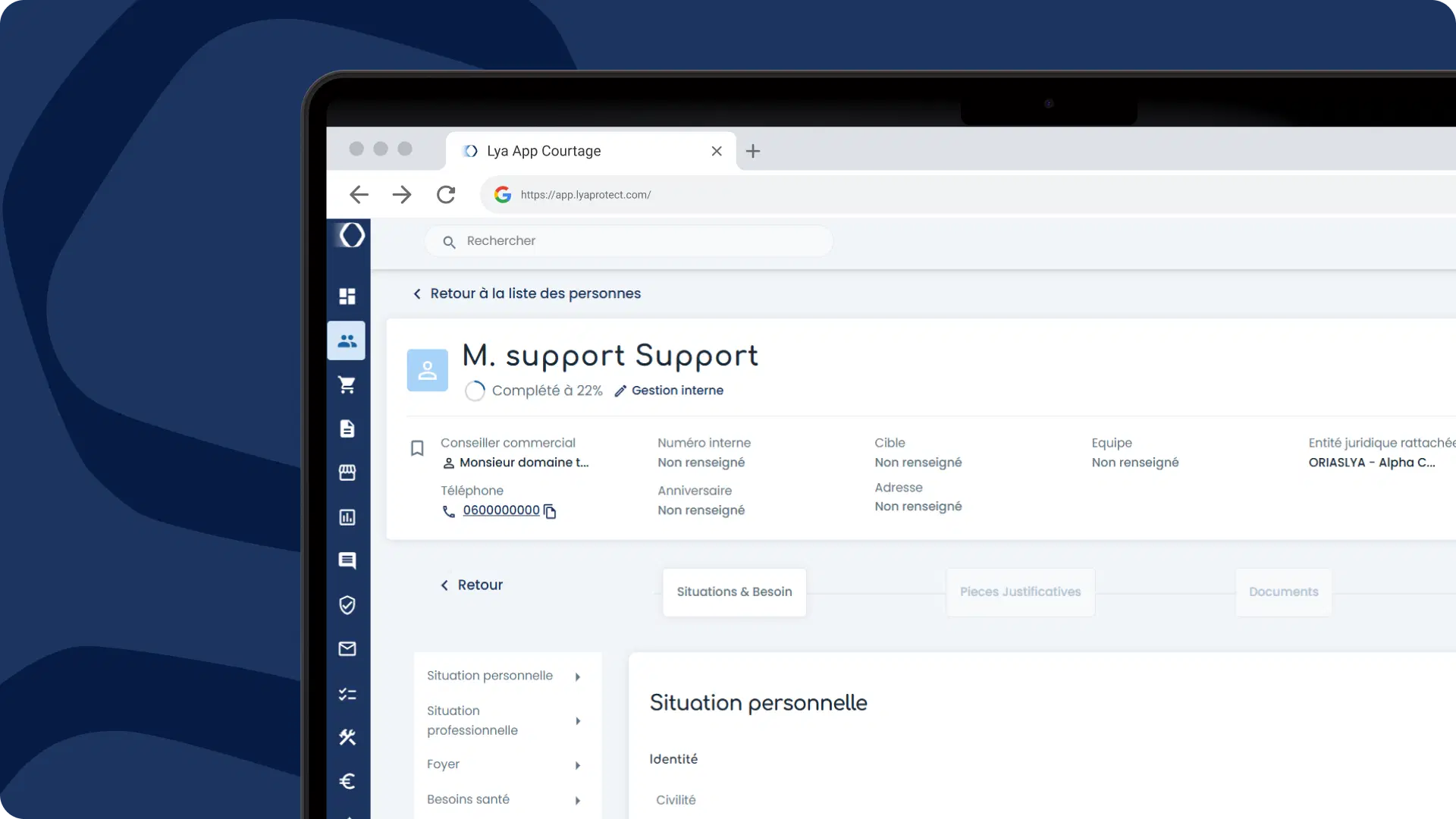 Modèle fiche d'entrée en relation courtier assurance avec signature électronique dans CRM Lya