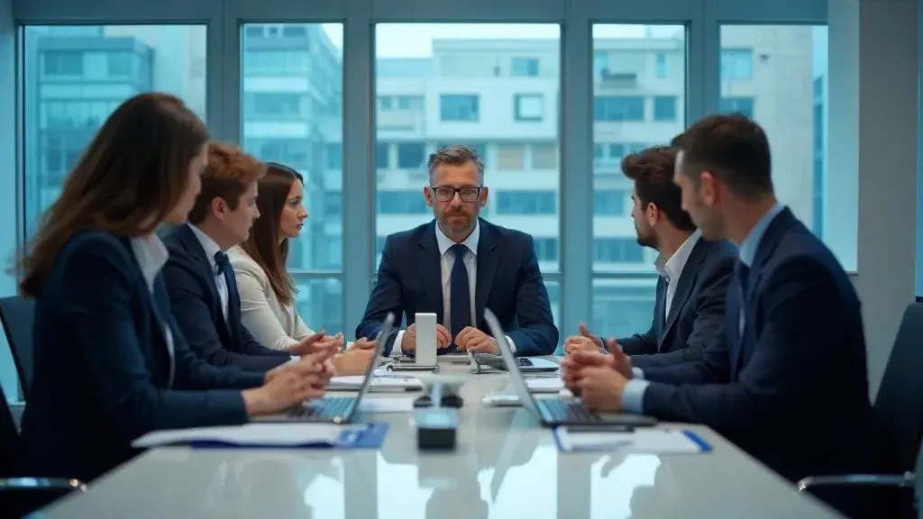 Réunion d'équipe professionnelle en costume autour d'une table - Stratégie mutuelle