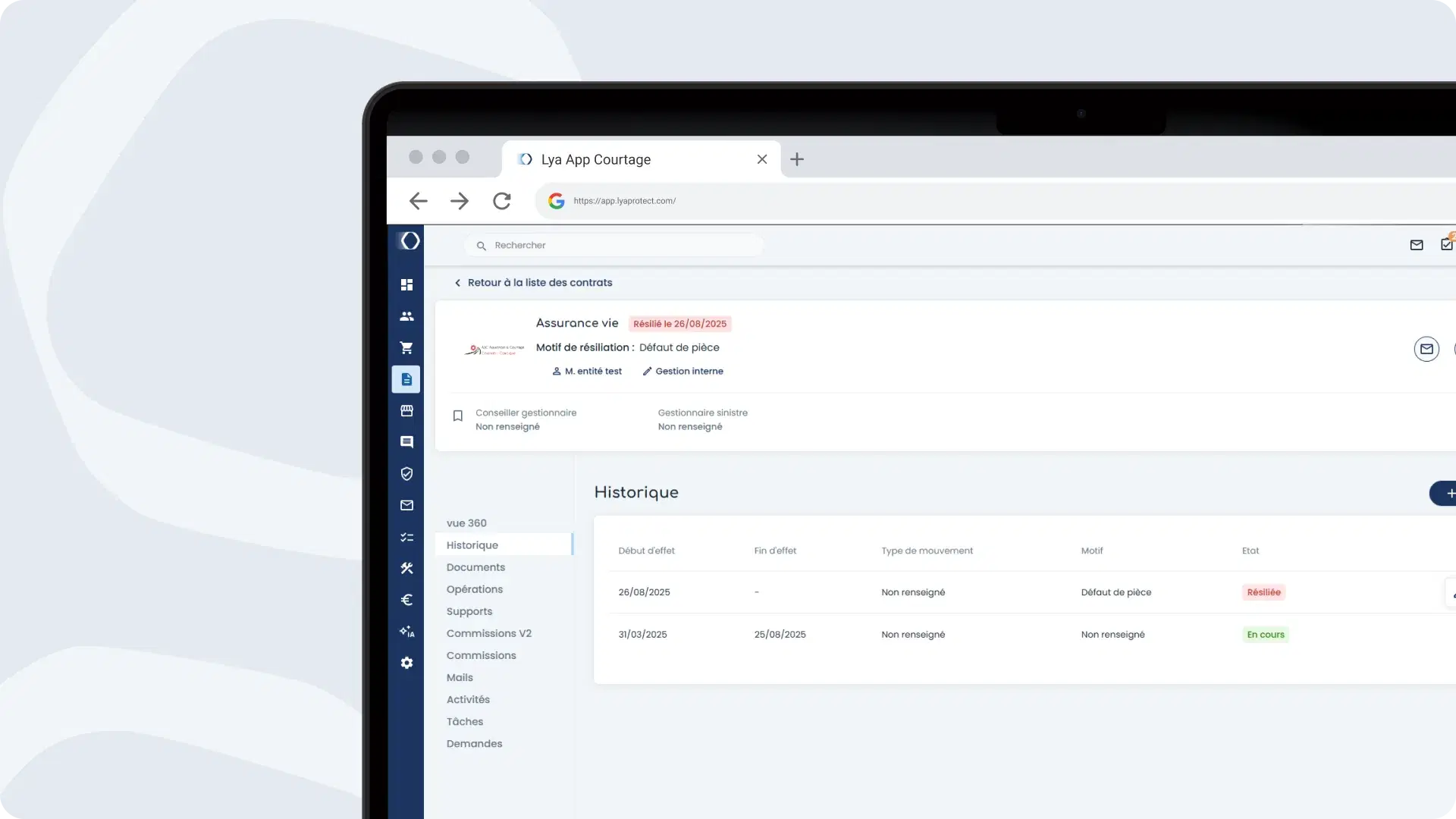 Suivi relation client assurance - Historique modifications et actes gestion contractuelle