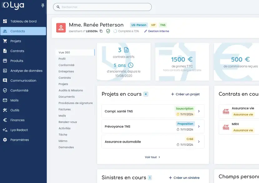 Interface de Lya, le logiciel essentiel pour la distribution d'assurance - Tableau de bord CRM pour courtiers