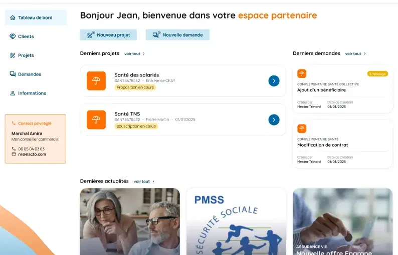 Interface espace partenaires - Tableau de bord co-courtage et gestion commerciale