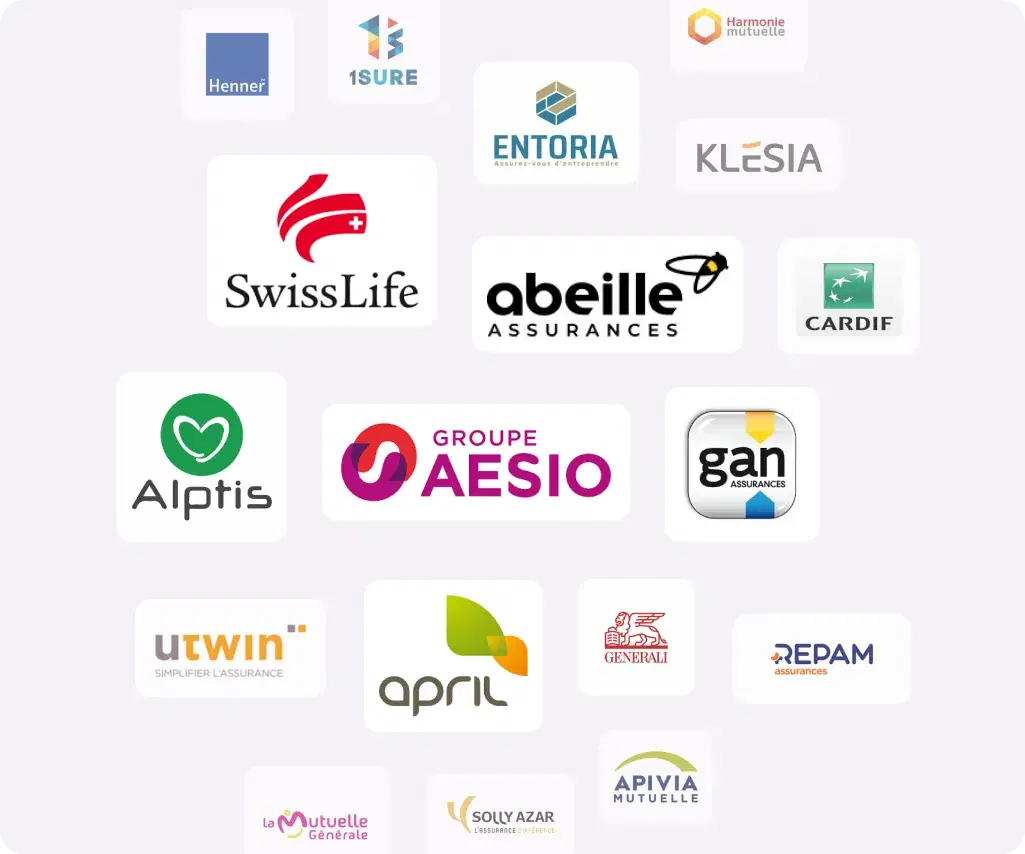 Logos des 18 compagnies d'assurance partenaires de la marketplace Lya (Henner, April, Alptis, Swiss Life, Apivia...)