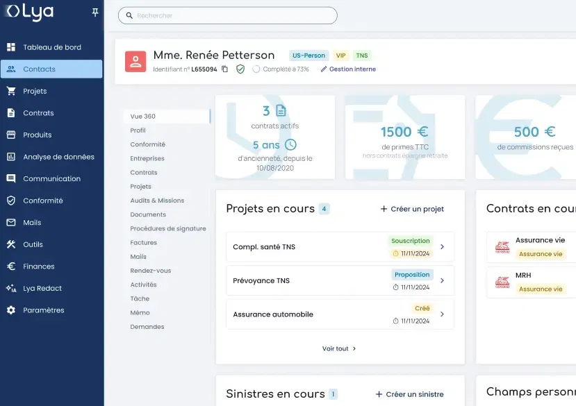Interface de Lya, le logiciel essentiel pour la distribution d'assurance - Tableau de bord CRM pour courtiers