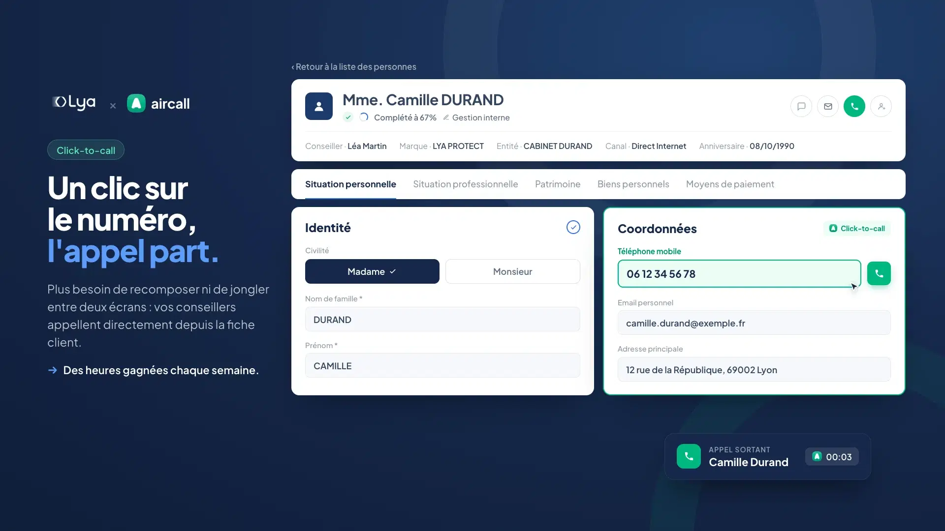 Click-to-call depuis une fiche dans Lya