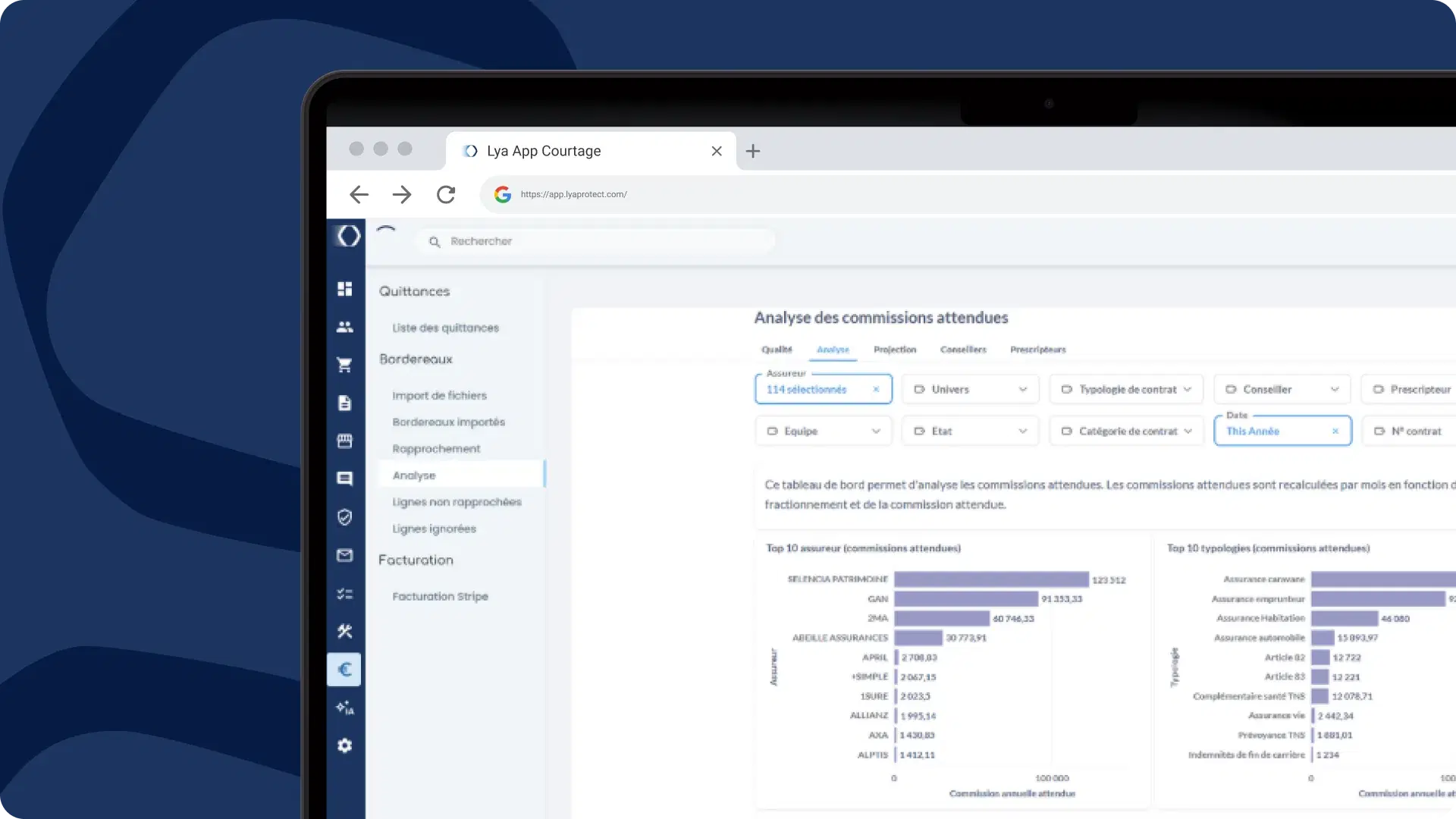 CRM courtier assurance - Tableau de bord analytique pour pilotage cabinet courtage avec suivi commissions et performance commerciale