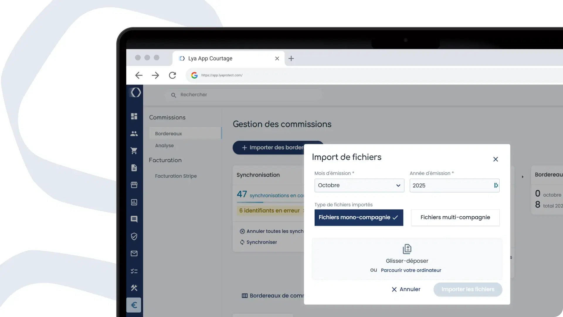 Interface d'import de commissions Lya Courtage
