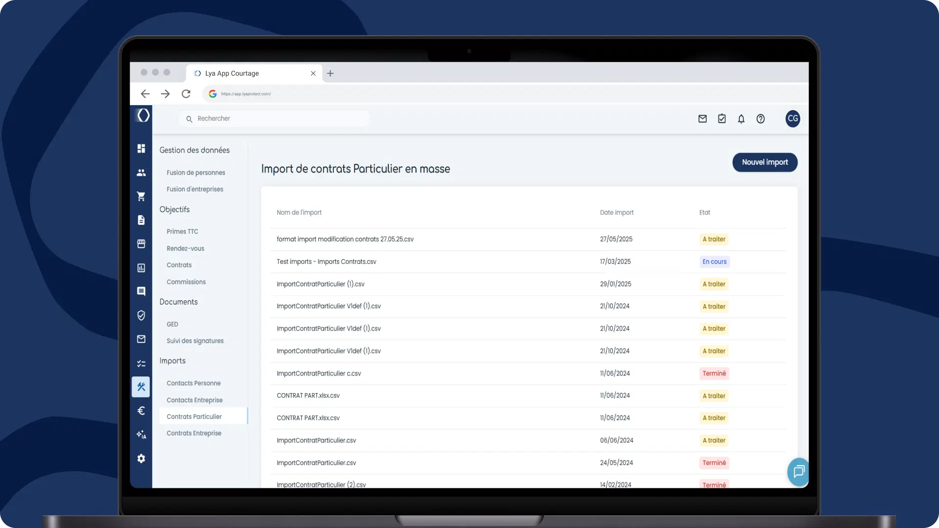 Interface d'import de contrats Lya Courtage
