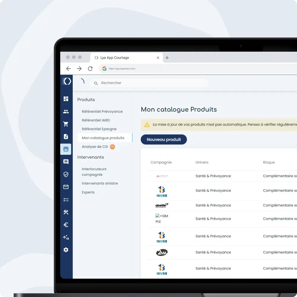 Interface configurateur produits assurance - Paramétrage garanties et tarifs