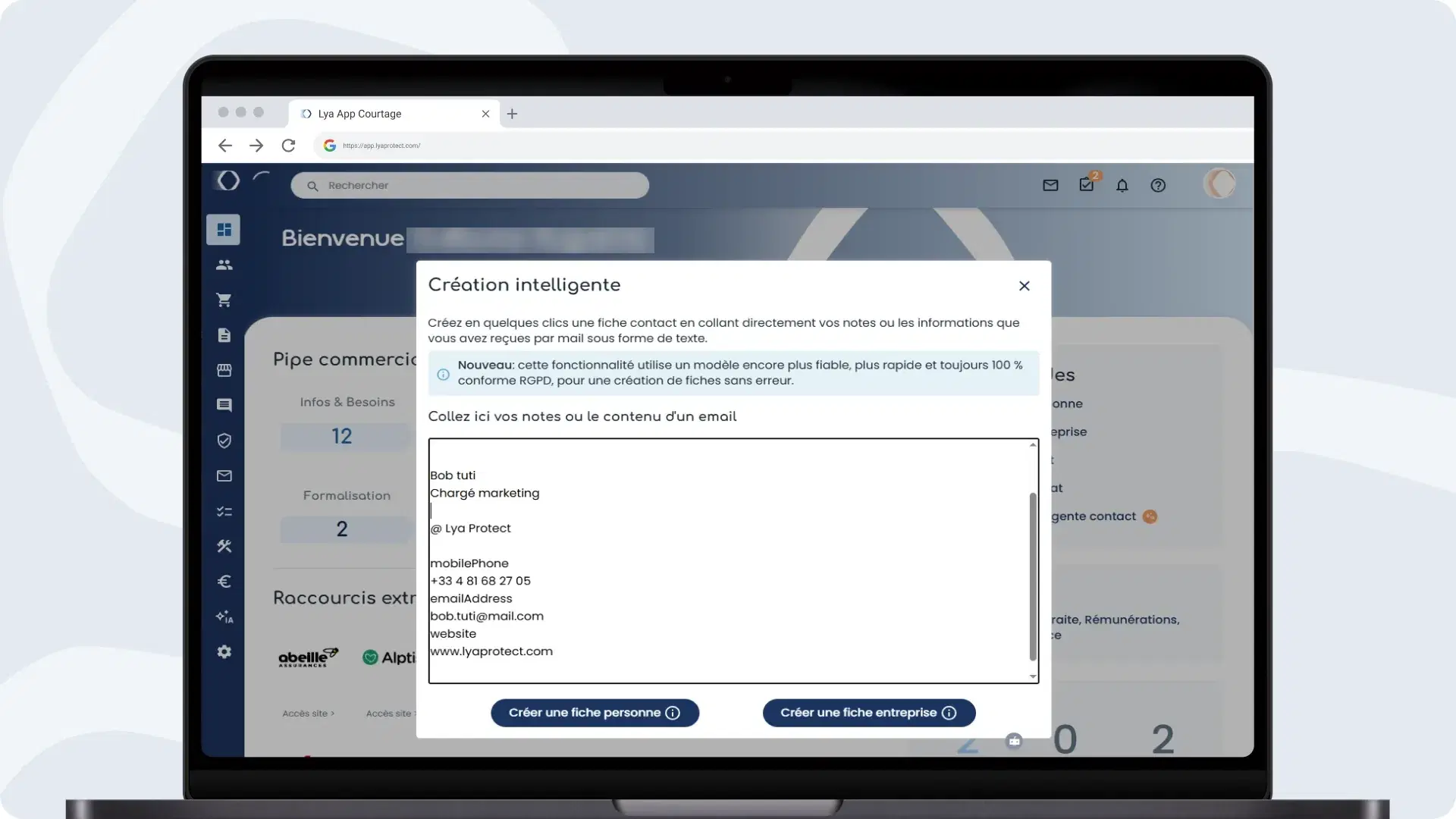 Interface IA LyaRedact - Création intelligente de contacts