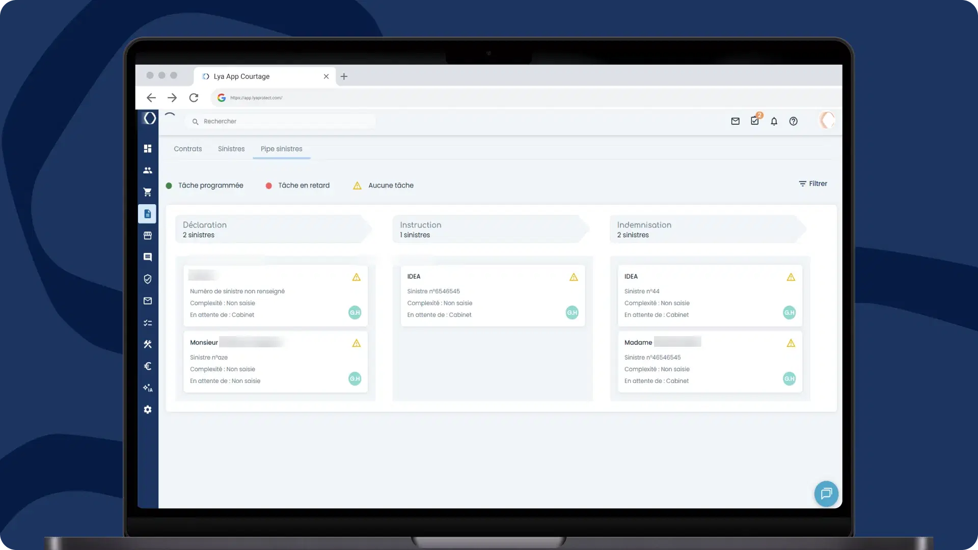 Interface logiciel suivi sinistres - Cycle de vie complet déclaration clôture