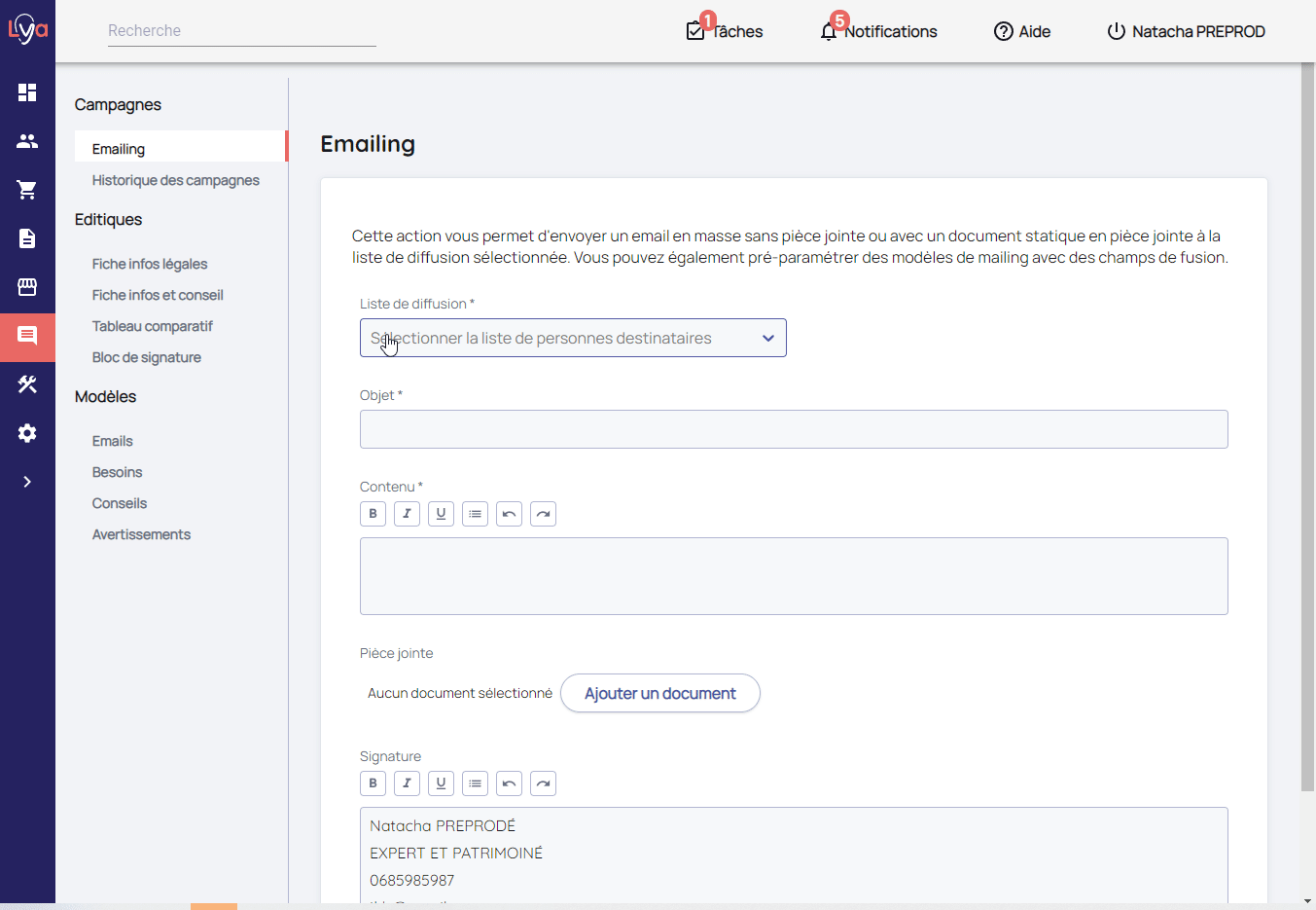 envoyer des mailings à vos client ou contact via lya courtage